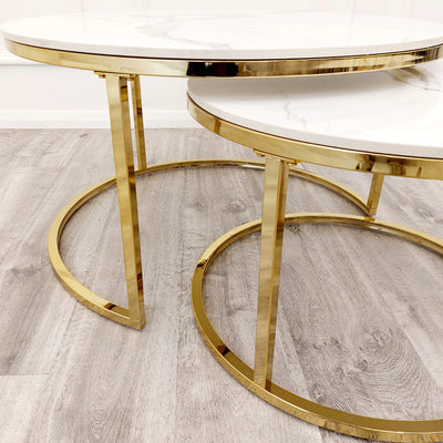 Cato Nest of 2 Short Round Coffee Gold Tables with Polar White Sintered Stone Tops - Belmont Interiors