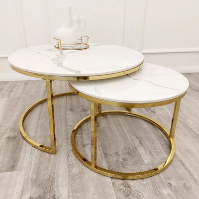 Cato Nest of 2 Short Round Coffee Gold Tables with Polar White Sintered Stone Tops - Belmont Interiors