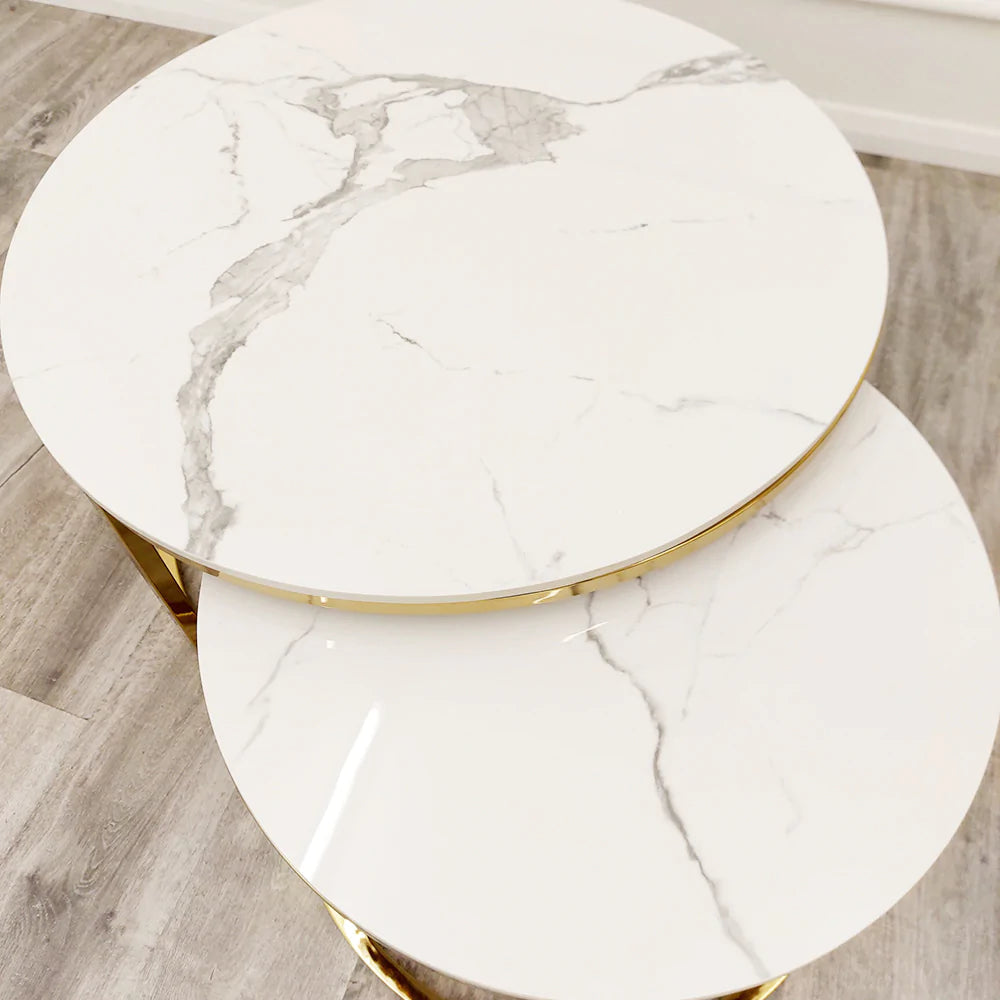 Cato Nest of 2 Short Round Coffee Gold Tables with Polar White Sintered Stone Tops - Belmont Interiors
