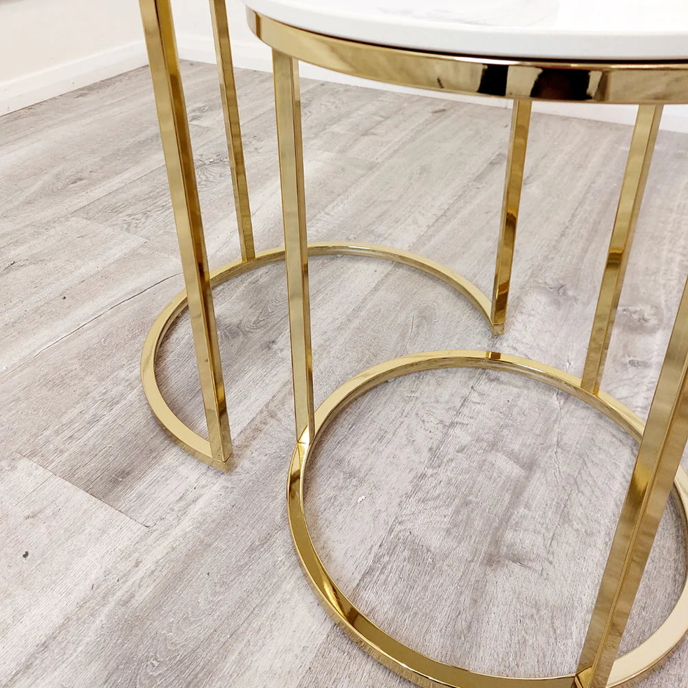 Cato Nest of 2 Tall Gold End Tables with Polar White Sintered Stone Tops-Sofa & Side Tables-ASR-Belmont Interiors