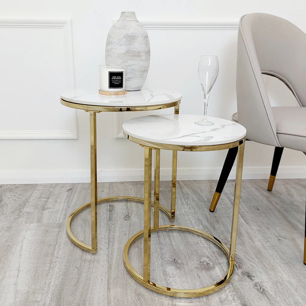 Cato Nest of 2 Tall Gold End Tables with Polar White Sintered Stone Tops-Sofa & Side Tables-ASR-Belmont Interiors