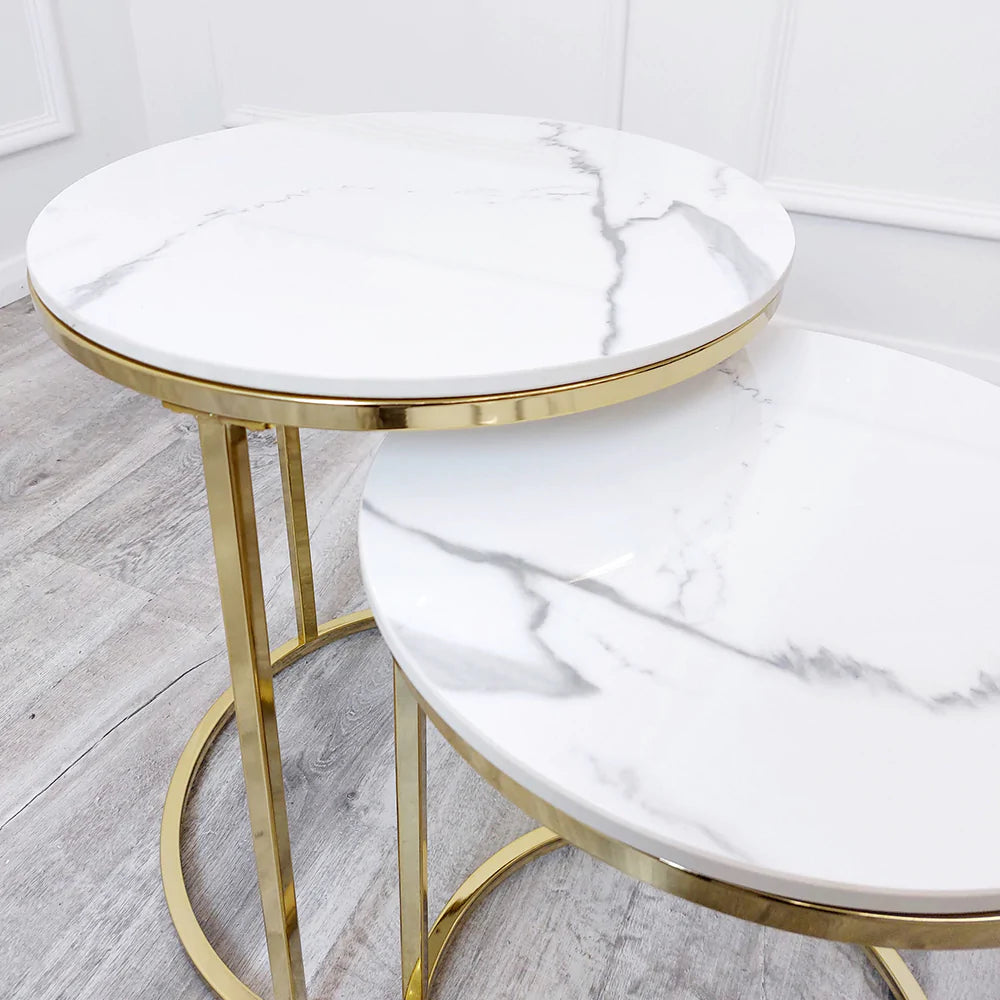 Cato Nest of 2 Tall Gold End Tables with Polar White Sintered Stone Tops-Sofa & Side Tables-ASR-Belmont Interiors