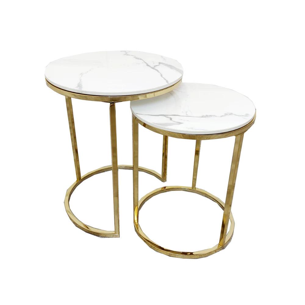 Cato Nest of 2 Tall Gold End Tables with Polar White Sintered Stone Tops-Sofa & Side Tables-ASR-Belmont Interiors
