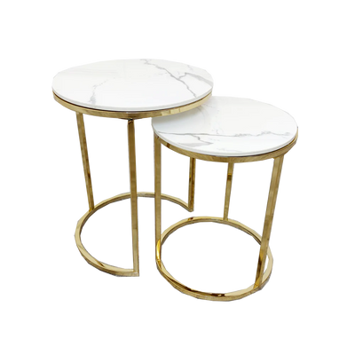 Cato Nest of 2 Tall Gold End Tables with Polar White Sintered Stone Tops-Sofa & Side Tables-ASR-Belmont Interiors