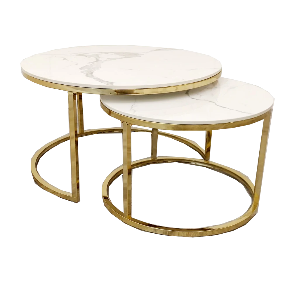 Cato Nest of 2 Short Round Coffee Gold Tables with Polar White Sintered Stone Tops - Belmont Interiors