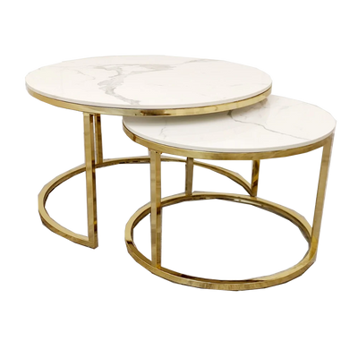 Cato Nest of 2 Short Round Coffee Gold Tables with Polar White Sintered Stone Tops - Belmont Interiors
