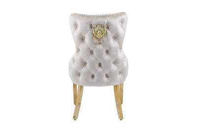 Louis Gold Round Cream Marble 110cm Dining Table + Cream Gold Lion Knocker Velvet Dining Chairs