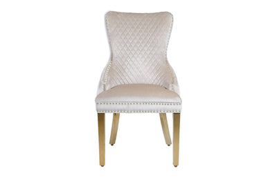 Louis Gold Marble Dining Table With Shimmer Cream Gold Lion Knocker Dining Chairs