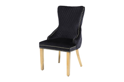 Louis Gold Round Black Marble 130cm Dining Table + Black Gold Lion Knocker Velvet Dining Chairs