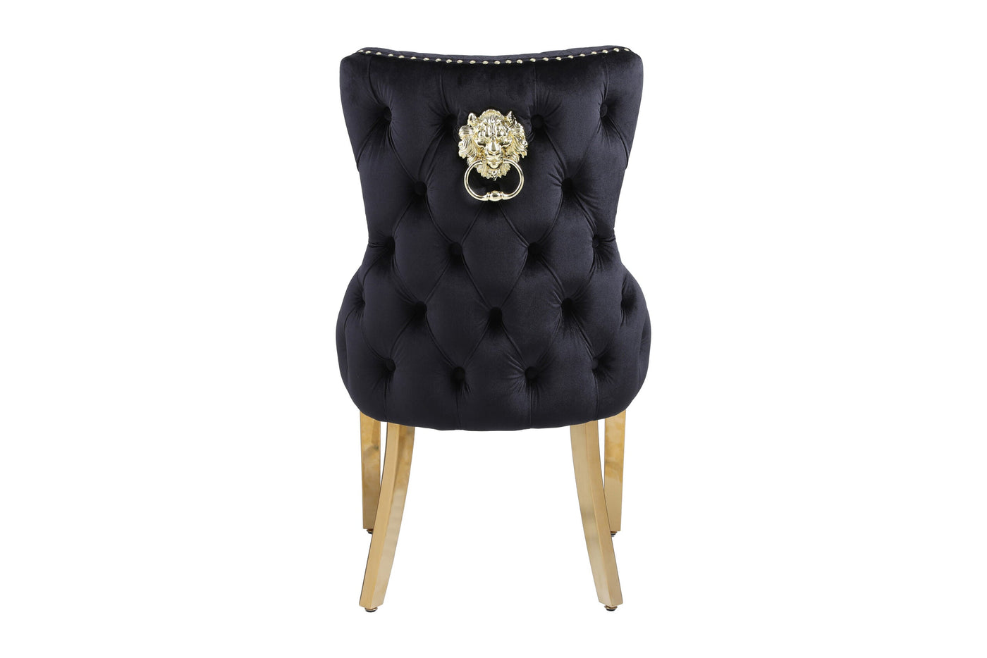 Louis Gold Round Black Marble 130cm Dining Table + Black Gold Lion Knocker Velvet Dining Chairs