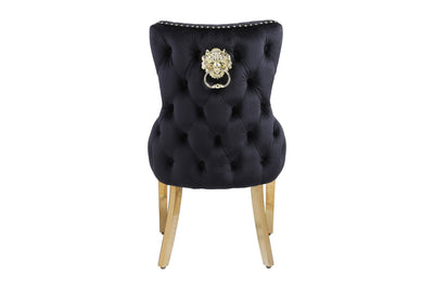 Louis Gold Round Black Marble 130cm Dining Table + Black Gold Lion Knocker Velvet Dining Chairs