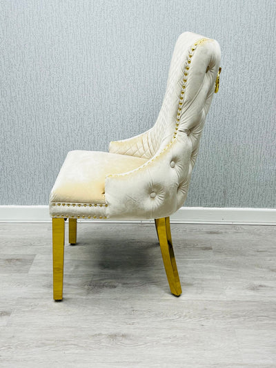 Louis Gold Marble Dining Table With Shimmer Cream Gold Ring Knocker Dining Chairs