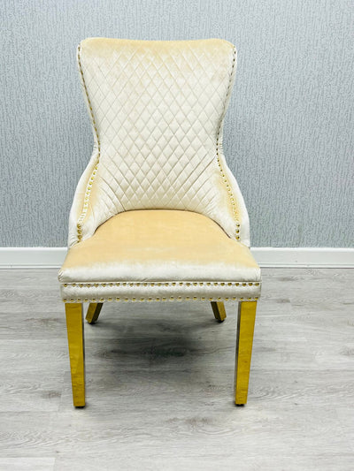 Louis Gold Marble Dining Table With Shimmer Cream Gold Ring Knocker Dining Chairs