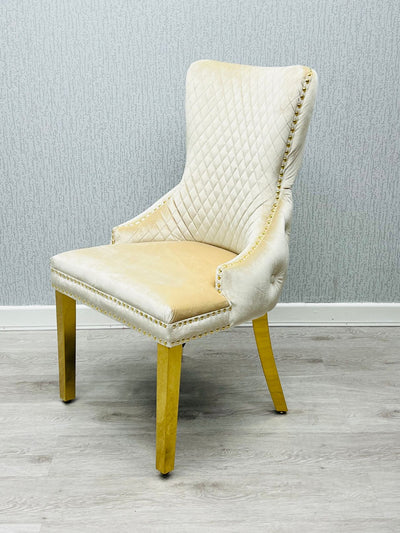 Louis Gold Marble Dining Table With Shimmer Cream Gold Ring Knocker Dining Chairs
