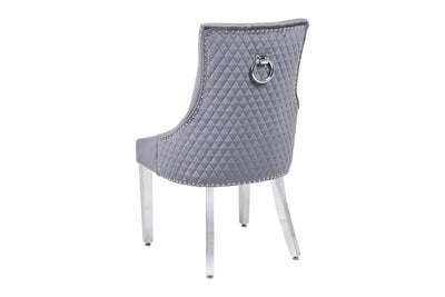 Louis 100CM Marble & Chrome Dining Table With Round Knocker Grey Quilted Velvet Chairs