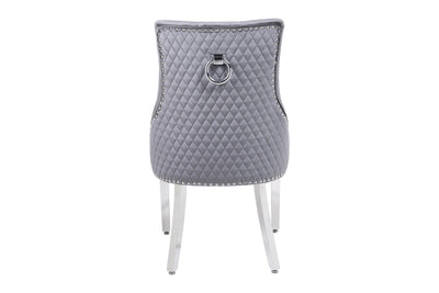 Louis 100CM Marble & Chrome Dining Table With Round Knocker Grey Quilted Velvet Chairs
