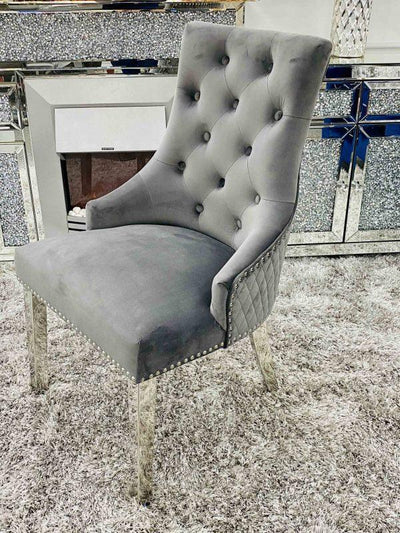 Elina 180cm Grey Marble & Chrome Dining Table + Majestic Plush Velvet Quilted Lion Knocker Dining Chairs