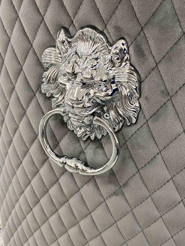 Elina 180cm Grey Marble & Chrome Dining Table + Majestic Plush Velvet Quilted Lion Knocker Dining Chairs