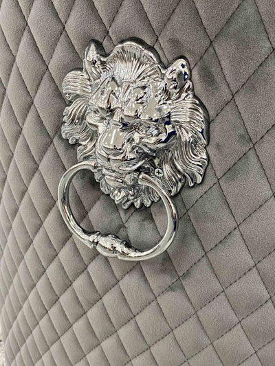 Elina 180cm Grey Marble & Chrome Dining Table + Majestic Plush Velvet Quilted Lion Knocker Dining Chairs