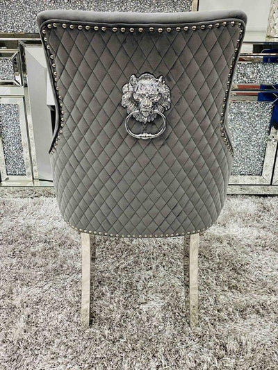 Elina 180cm Grey Marble & Chrome Dining Table + Majestic Plush Velvet Quilted Lion Knocker Dining Chairs