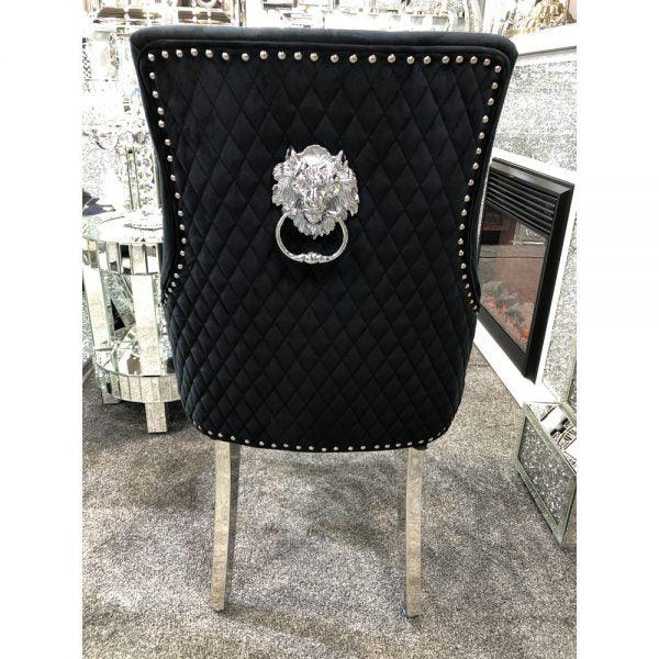 Elina 180cm Grey Marble & Chrome Dining Table + Majestic Plush Velvet Quilted Lion Knocker Dining Chairs