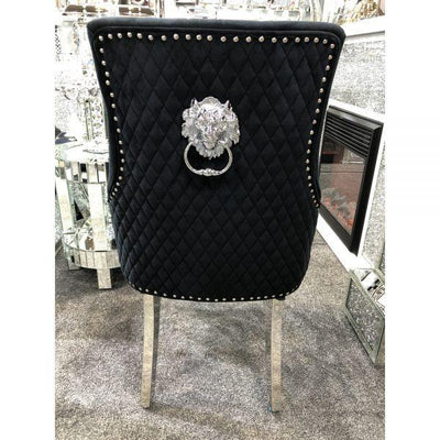 Elina 180cm Grey Marble & Chrome Dining Table + Majestic Plush Velvet Quilted Lion Knocker Dining Chairs