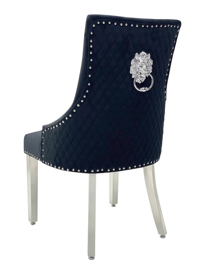 Elina 180cm Grey Marble & Chrome Dining Table + Majestic Plush Velvet Quilted Lion Knocker Dining Chairs