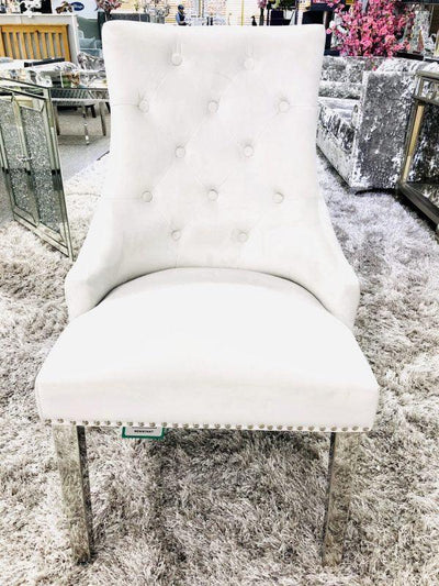 Elina 180cm Grey Marble & Chrome Dining Table + Majestic Plush Velvet Quilted Lion Knocker Dining Chairs