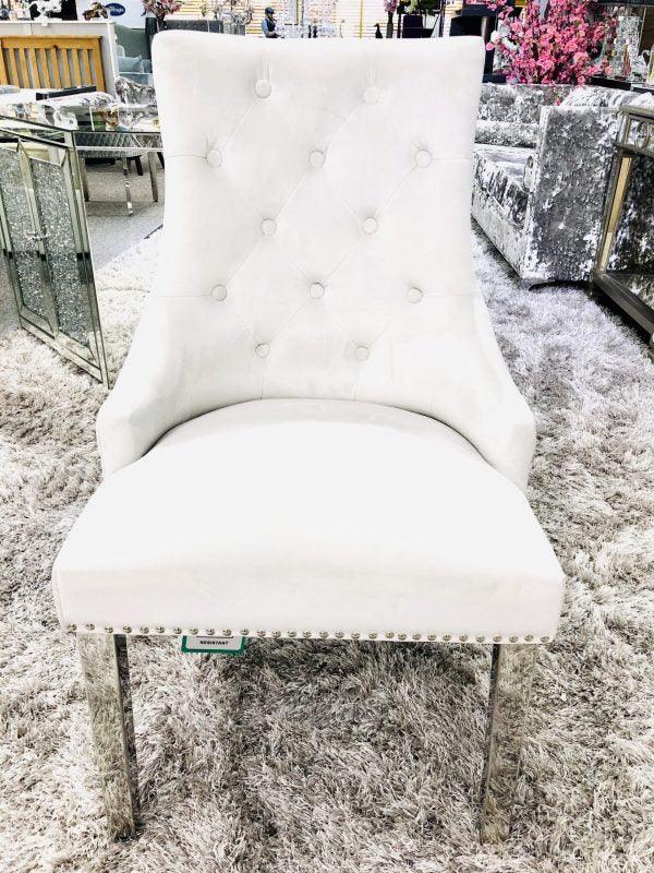 Elina 180cm Grey Marble & Chrome Dining Table + Majestic Plush Velvet Quilted Lion Knocker Dining Chairs