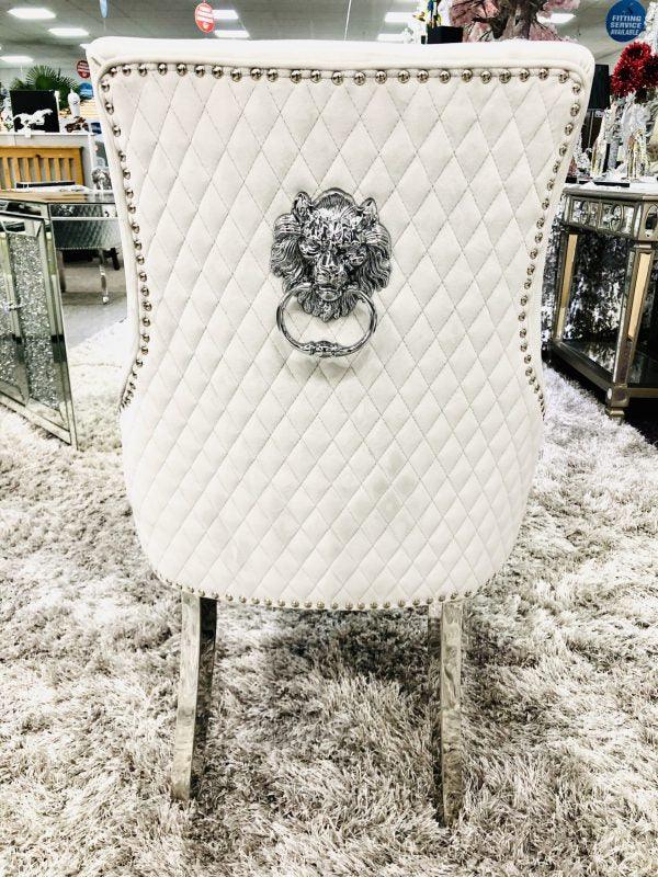 Elina 180cm Grey Marble & Chrome Dining Table + Majestic Plush Velvet Quilted Lion Knocker Dining Chairs