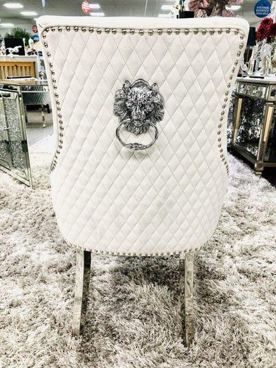 Elina 180cm Grey Marble & Chrome Dining Table + Majestic Plush Velvet Quilted Lion Knocker Dining Chairs