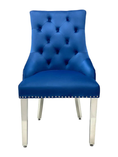 Elina 180cm Grey Marble & Chrome Dining Table + Majestic Plush Velvet Quilted Lion Knocker Dining Chairs