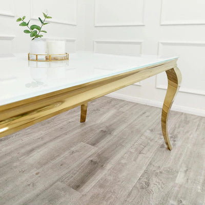 Louis Gold & White Marble Dining Table With Cream & Gold Lion Knocker Dining Chairs-Esme Furnishings