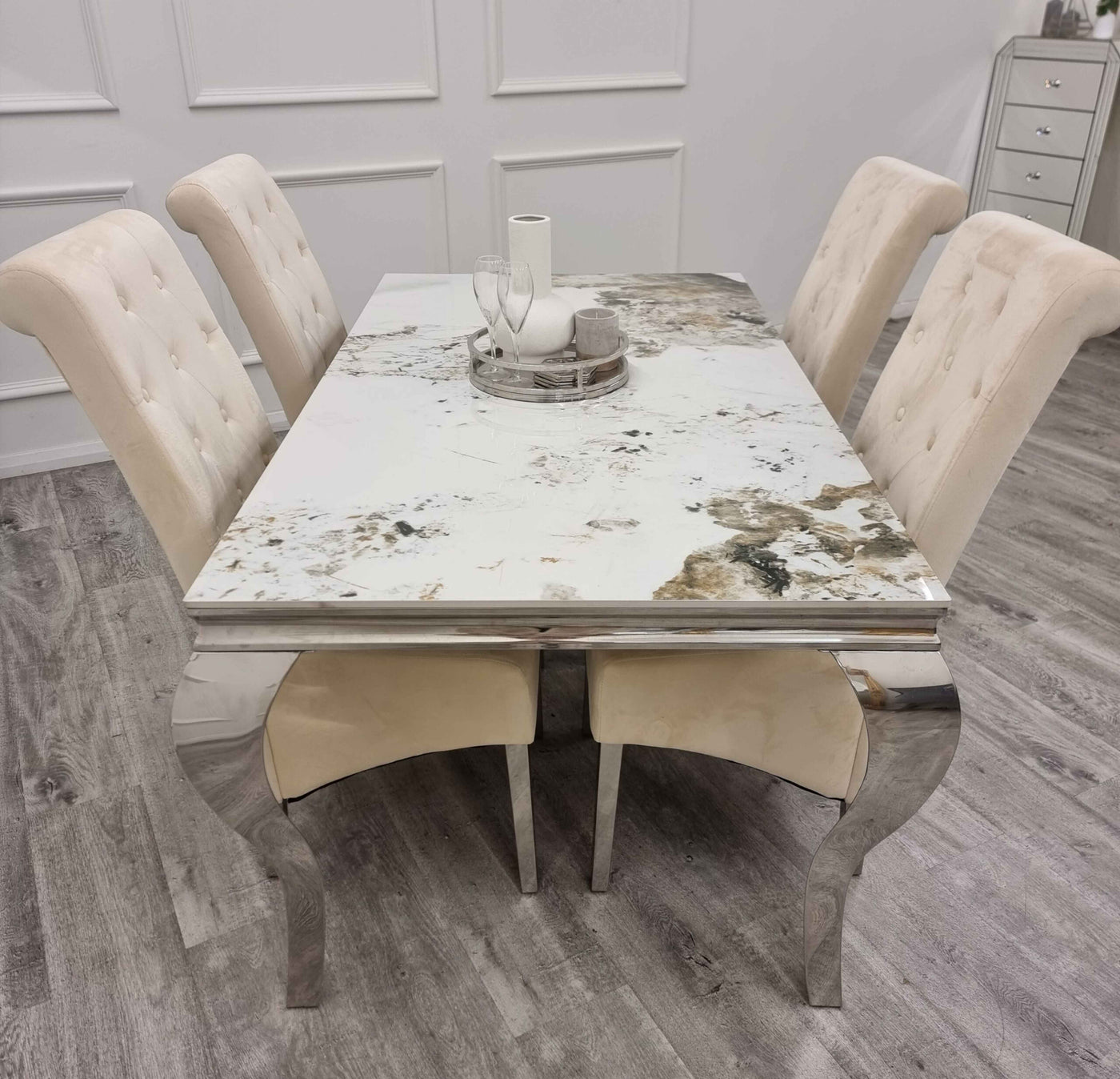 Louis Pandora Gold Marble & Chrome Dining Table With Lucy Slim Quilted Lion Knocker Velvet Chairs