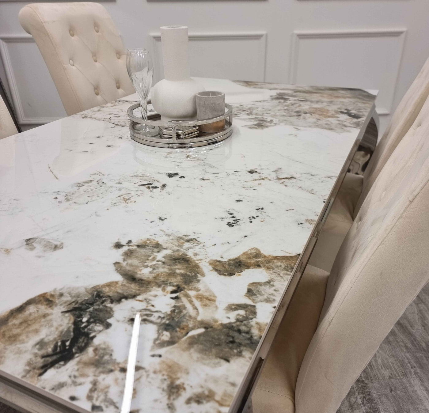 Louis Pandora Gold Marble & Chrome Dining Table With Lucy Slim Quilted Lion Knocker Velvet Chairs