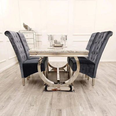 Arianna Marble & Chrome Dining Table With Grey Lucy Slim Quilted Lion Knocker Velvet Chairs + Grey Arianna Bench