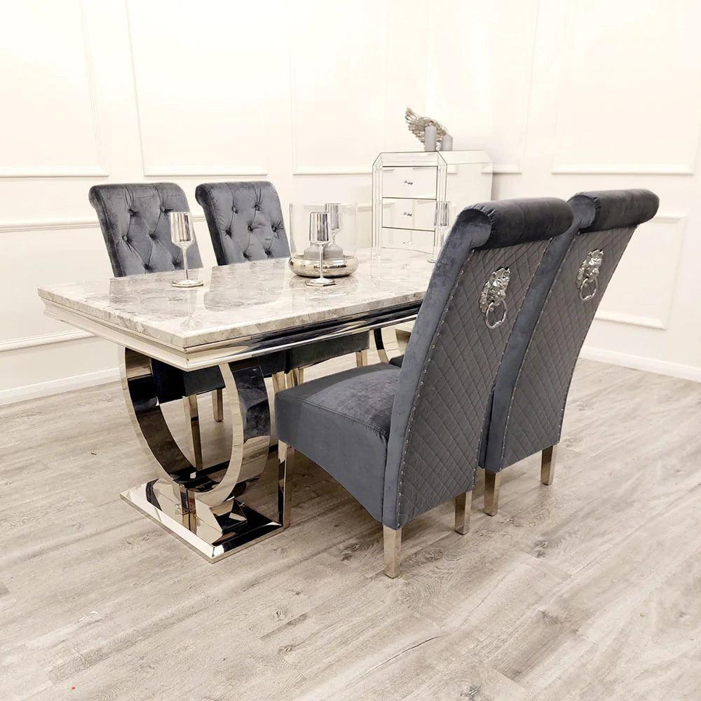Arianna Marble & Chrome Dining Table With Grey Lucy Slim Quilted Lion Knocker Velvet Chairs + Grey Arianna Bench