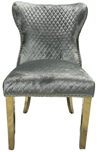 Valente Champagne Grey Gold Velvet Fabric Button Back Lion Knocker Quilted Dining Chair