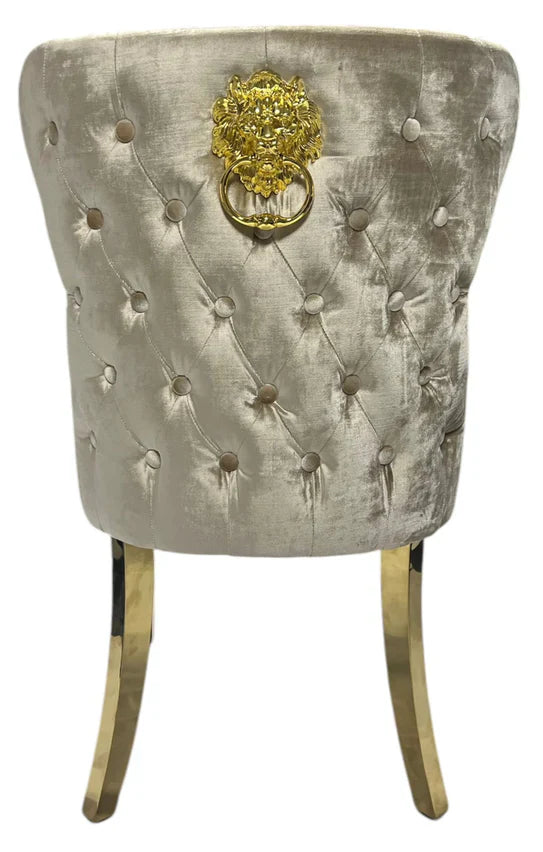 Valente Champagne Mink Gold Velvet Fabric Button Back Lion Knocker Quilted Dining Chair