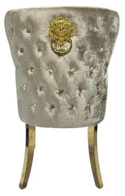 Valente Champagne Mink Gold Velvet Fabric Button Back Lion Knocker Quilted Dining Chair