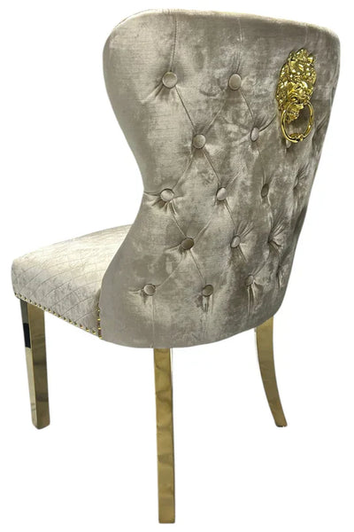 Valente Champagne Mink Gold Velvet Fabric Button Back Lion Knocker Quilted Dining Chair
