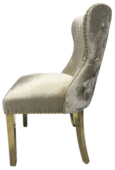 Valente Champagne Mink Gold Velvet Fabric Button Back Lion Knocker Quilted Dining Chair