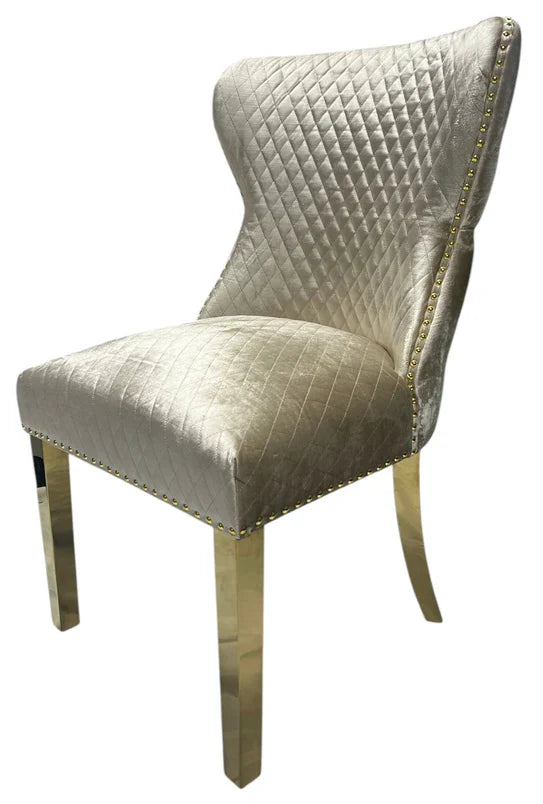 Valente Champagne Mink Gold Velvet Fabric Button Back Lion Knocker Quilted Dining Chair