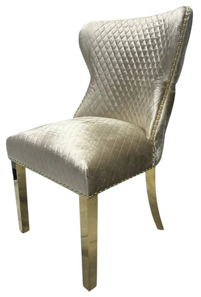 Valente Champagne Mink Gold Velvet Fabric Button Back Lion Knocker Quilted Dining Chair