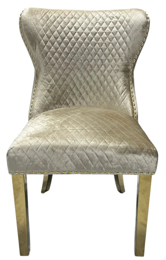 Valente Champagne Mink Gold Velvet Fabric Button Back Lion Knocker Quilted Dining Chair