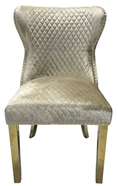 Valente Champagne Mink Gold Velvet Fabric Button Back Lion Knocker Quilted Dining Chair
