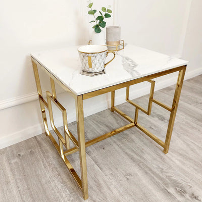 Geo Gold Lamp Side Table with Polar White Sintered Top - Belmont Interiors
