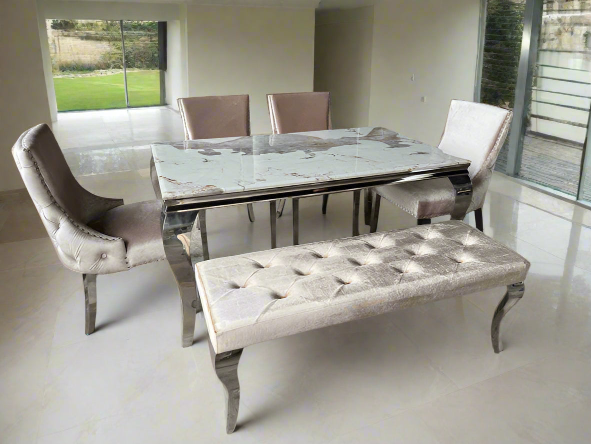 Louis Pandora Marble & Chrome Dining Table With Kensington Button Back Beige Chairs & Bench