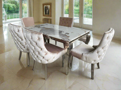 Louis Pandora Marble & Chrome Dining Table With Kensington Button Back Beige Chairs & Bench