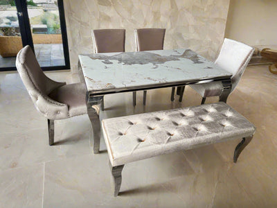 Louis Pandora Marble & Chrome Dining Table With Kensington Button Back Beige Chairs & Bench